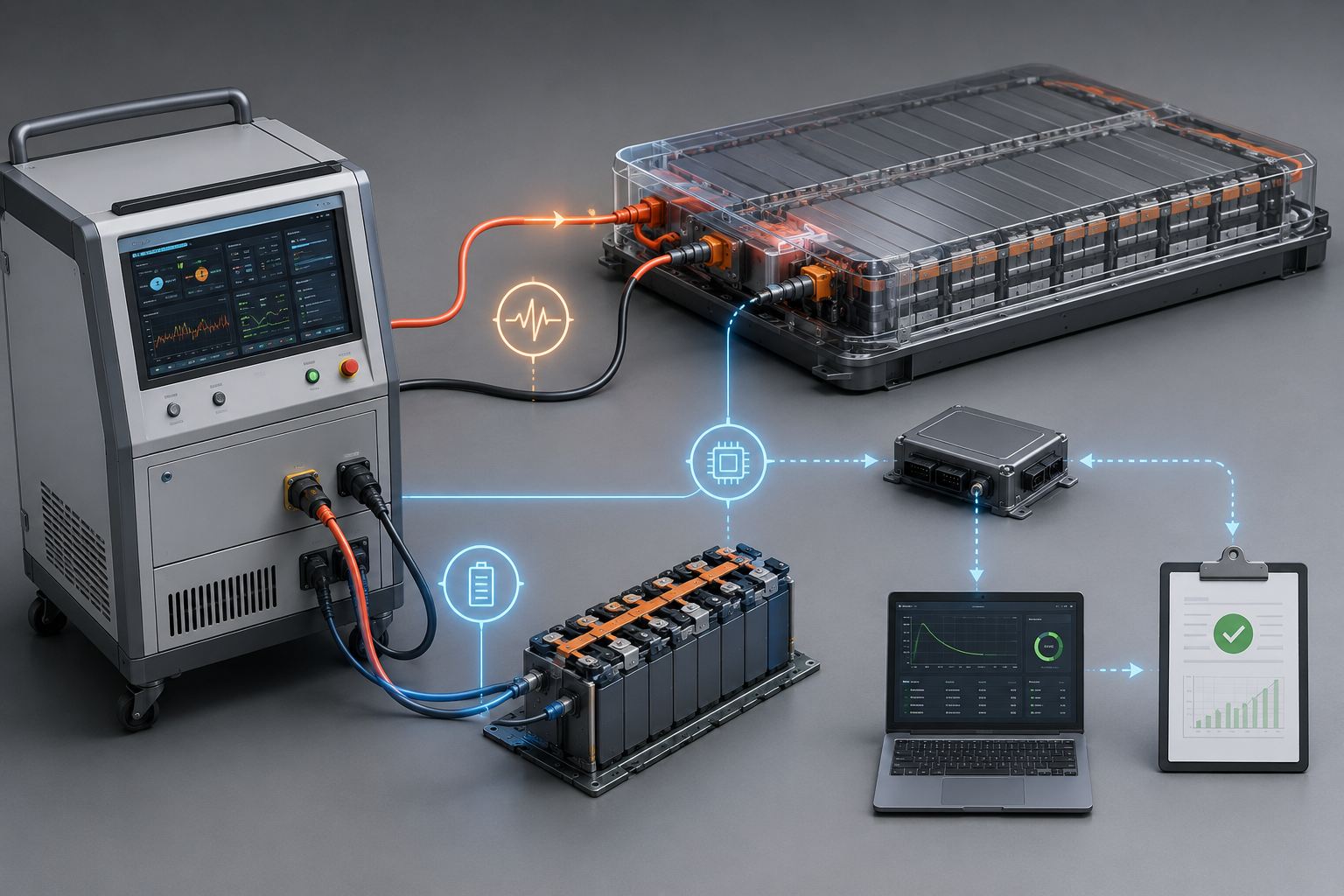 Battery pack maintenance tester connected to battery pack, modules and BMS
