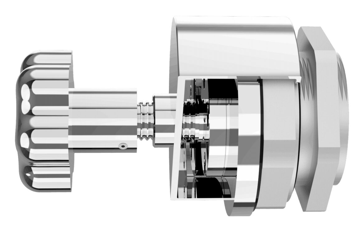Cutaway view of metal adjustment valve knob and internal components