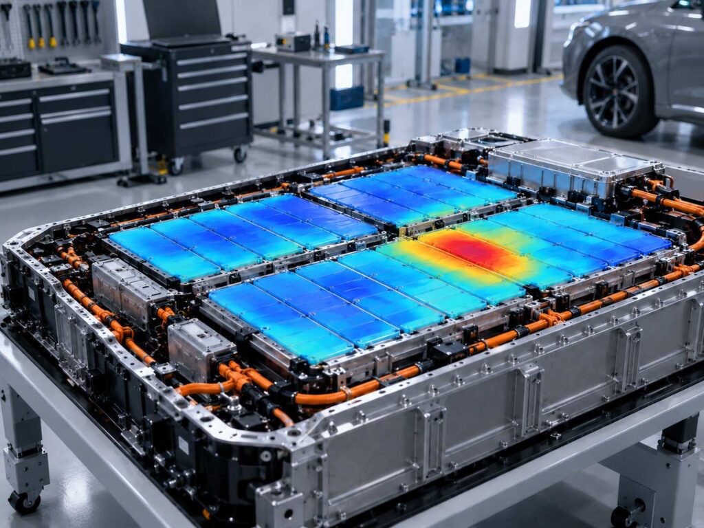 EV battery module connected to charge-discharge testing equipment for performance evaluation