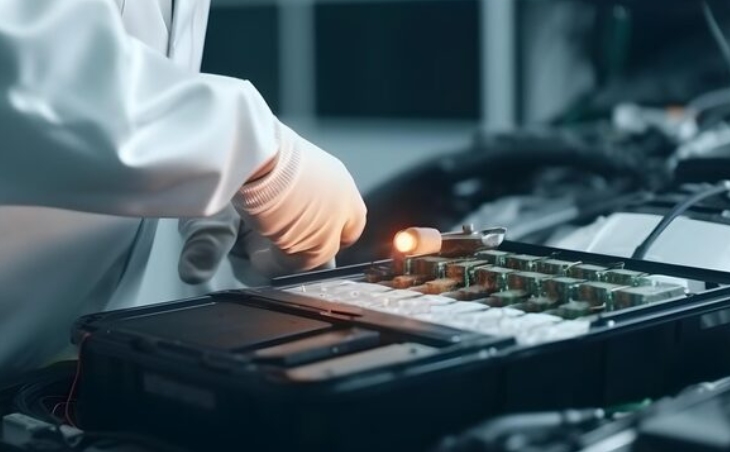 Technician inspecting and testing an energy storage battery module in a laboratory