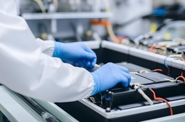 Technician wearing protective gloves performing maintenance and electrical testing on an energy storage battery pack