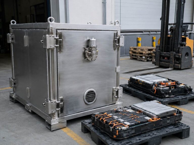 Explosion-proof transport box for hazardous EV batteries in an industrial setting