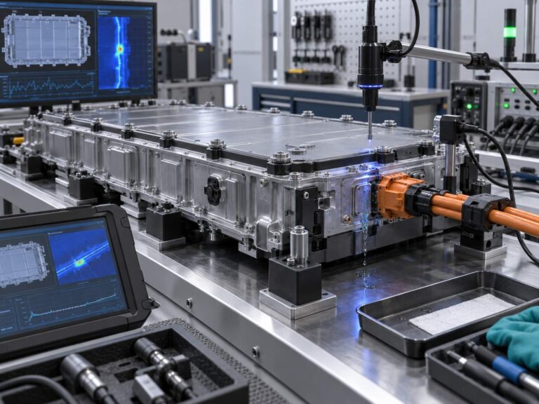 Battery pack connected to a leak testing device for safety screening